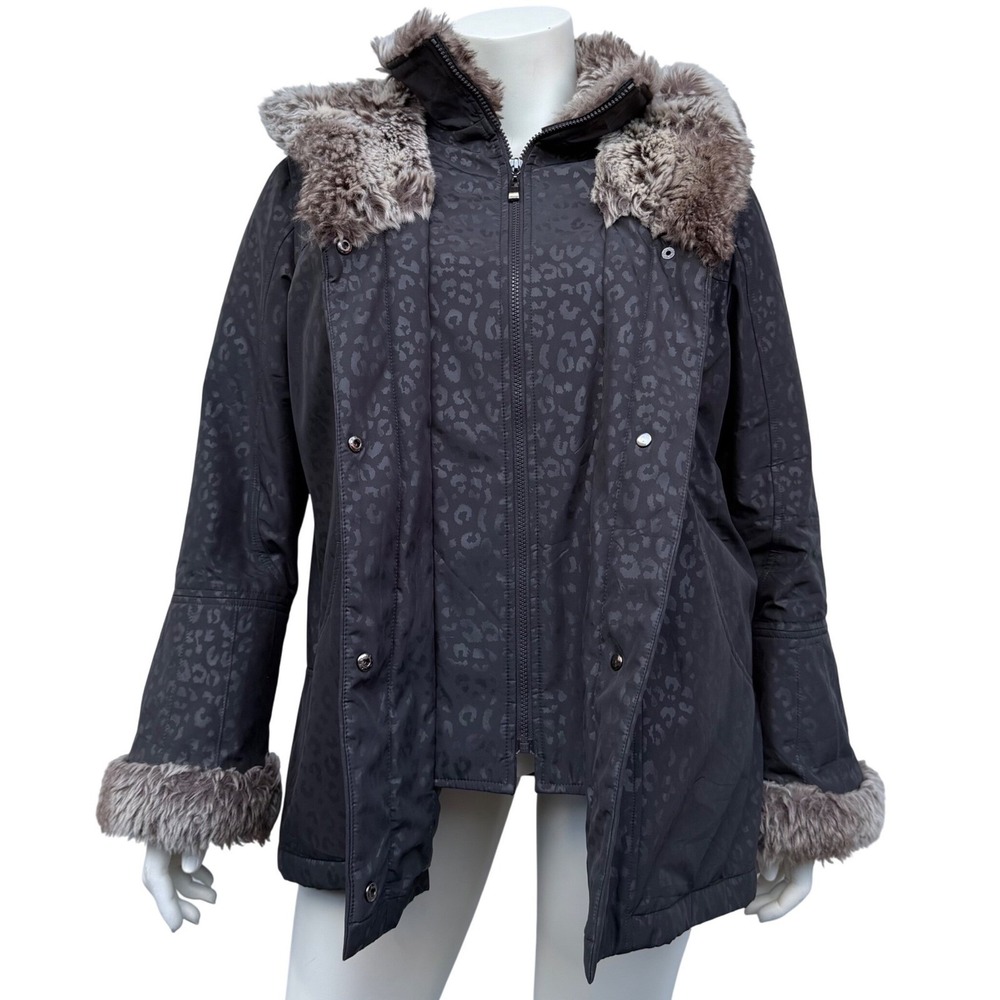 Tradition Leopard Print Parka Faux Fur Trim Mob Wife Y2K Style Black Jacket XL
